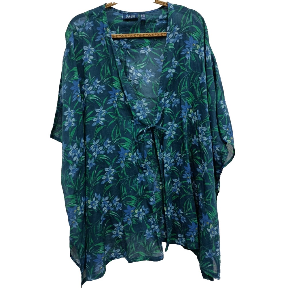 Denim & Co BOHO Kimono Cover Up Womens Size Medium Green Blue Floral Beach